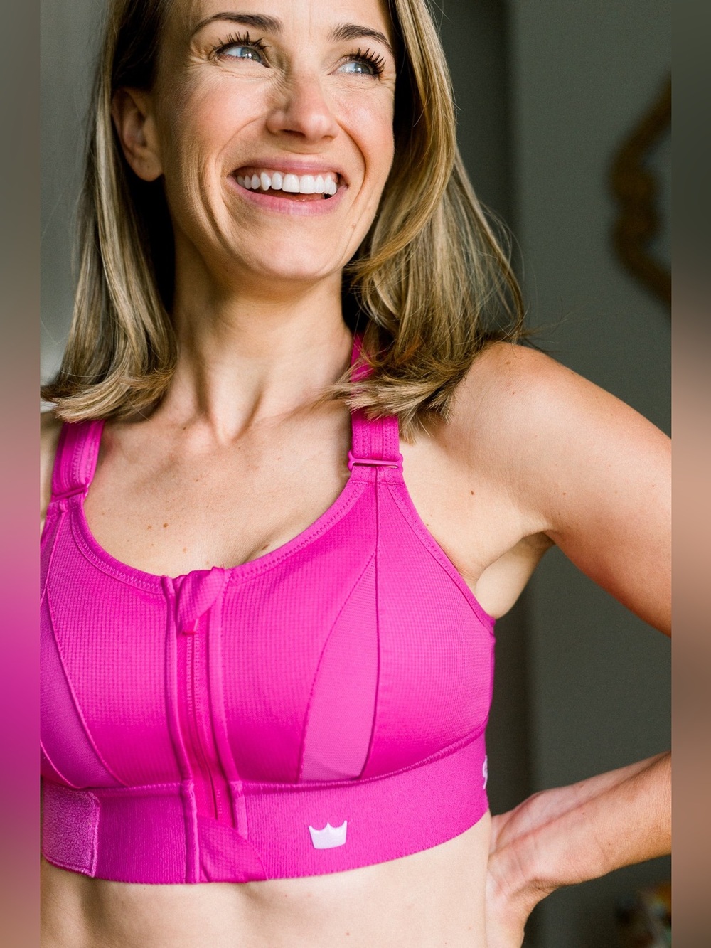 Women’s SHEFIT Ultimate Sports Bra in a bright berry pink - measurements in pics